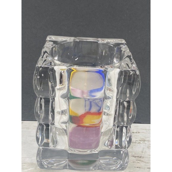 Square Cut Bubble Glass Votive Crystal Candle Holder With Colorful Swirl Candle - Picture 7 of 11